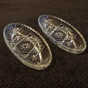 2 Vtg Oval Clear Cut Glass Scalloped Edged Dishes